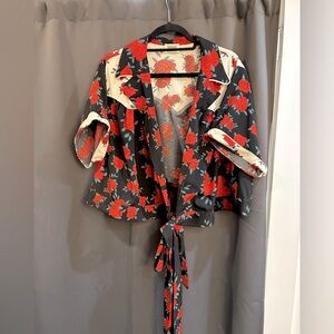 Unique Vintage Floral Tie-Front Blouse with Red Roses, 3X